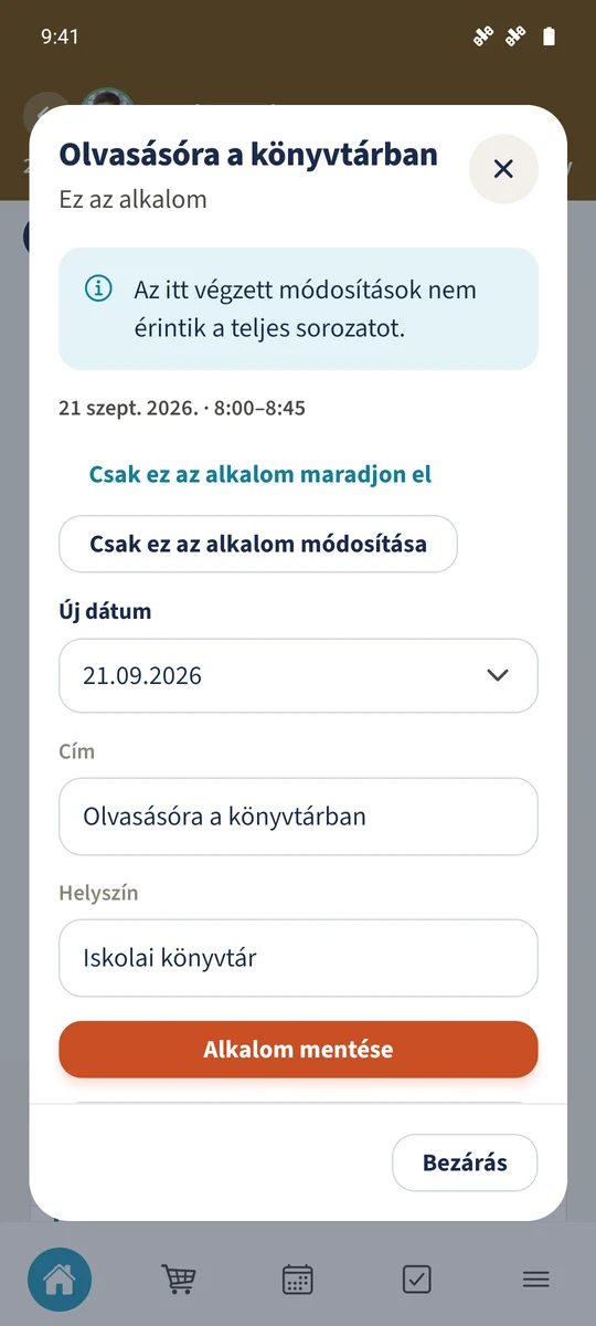 Az újranyitott alkalom az elmentett címét és helyszínét mutatja.