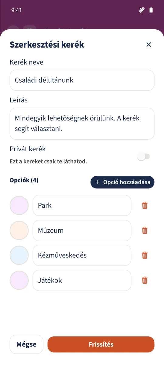 Az űrlap négy programot és külön színeket tartalmaz, kikapcsolt Privát kerék beállítással.