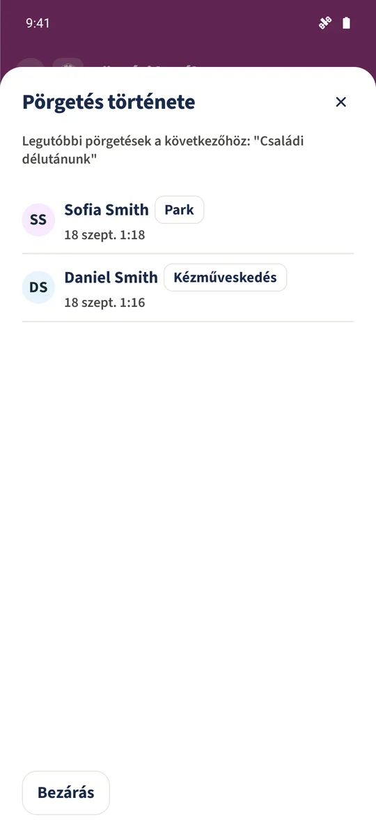 A Pörgetés története Daniel és Sofia elmentett eredményeit mutatja dátumokkal és időpontokkal.