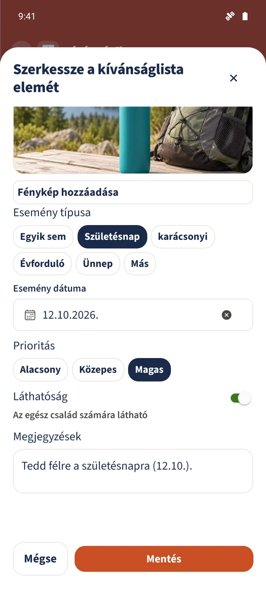 Az űrlapon Születésnap, 12.10.2026, Magas prioritás és születésnapi megjegyzés látható.
