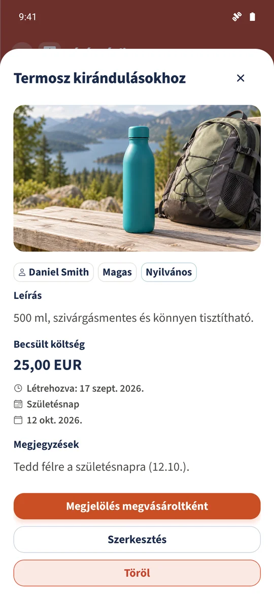A termosz kívánságának újranyitásakor az elmentett alkalom és részletek láthatók.