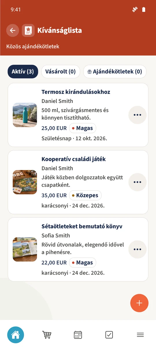 A közös áttekintés Daniel három aktív kívánságát mutatja, árakkal, prioritásokkal és alkalmakkal.