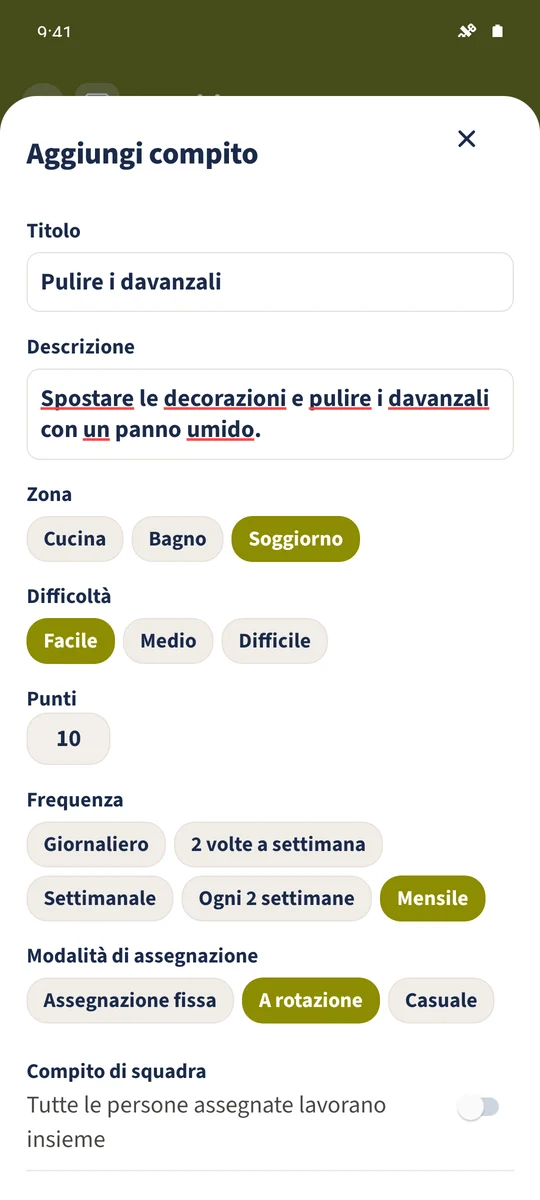 Screenshot previsto: Impostare la frequenza delle pulizie: schermata 1.