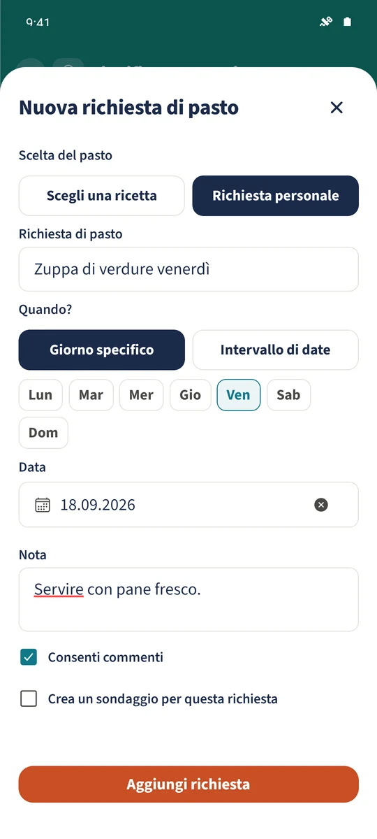 Screenshot previsto: Raccogliere le proposte per i pasti: schermata 1.