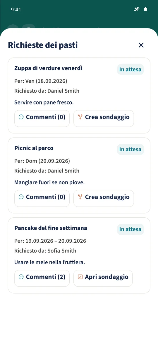 Screenshot previsto: Raccogliere le proposte per i pasti: schermata 3.