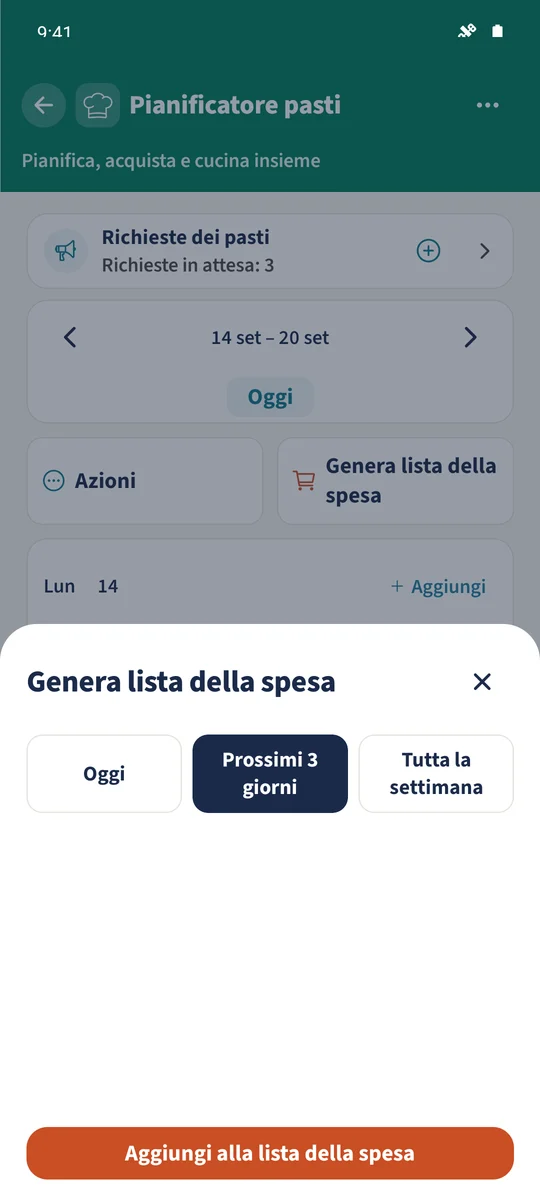 Screenshot previsto: Creare la spesa dagli ingredienti dei pasti: schermata 1.