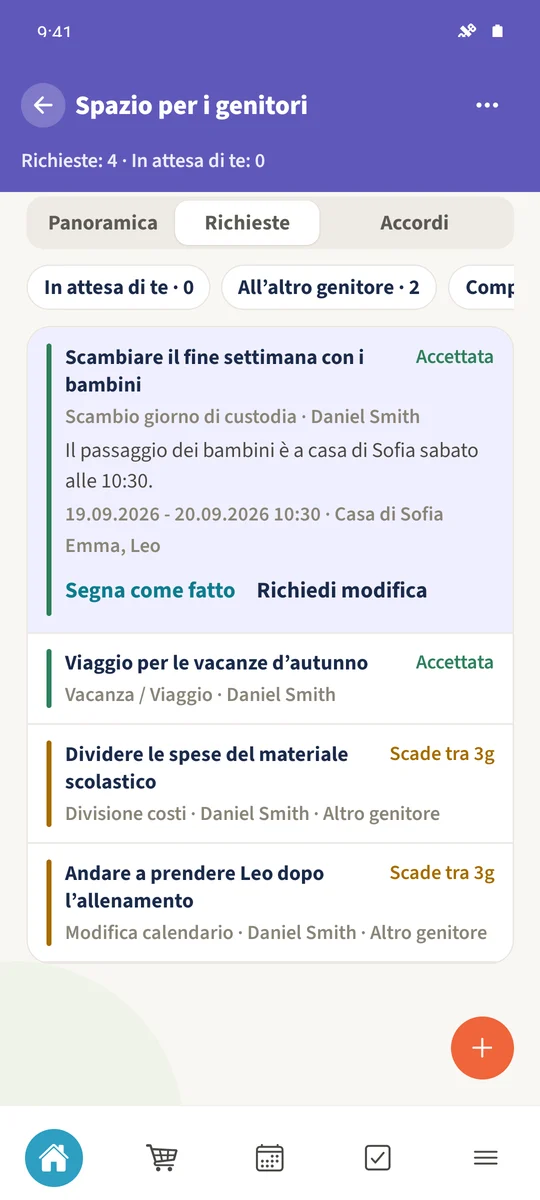 Screenshot previsto: Concordare i cambi nei soggiorni dei figli: schermata 1.