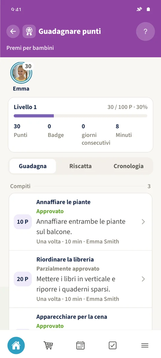 Screenshot previsto: Controllare punti e minuti guadagnati: schermata 2.