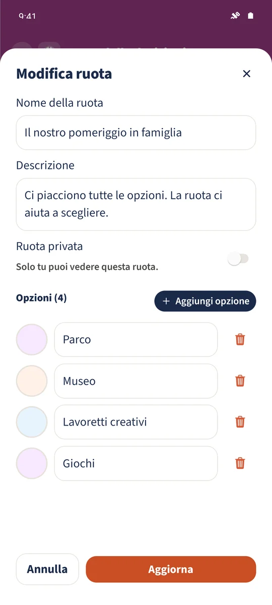 Screenshot previsto: Creare una ruota per scegliere un’attività: schermata 1.