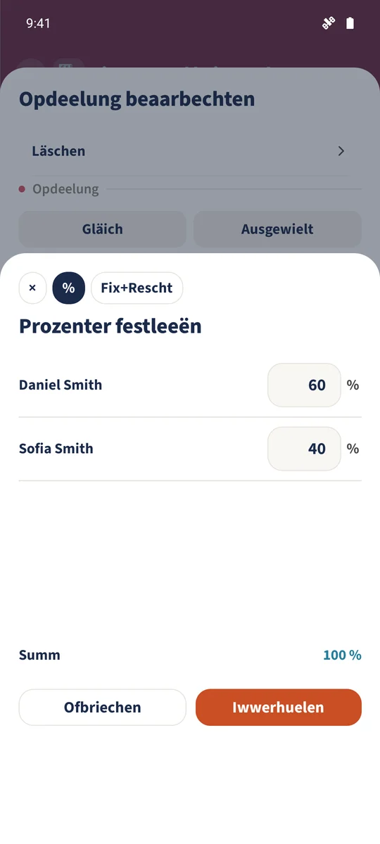 Déi alternativ Prozentopdeelung benotzt 60 a 40, zesummen 100 %.