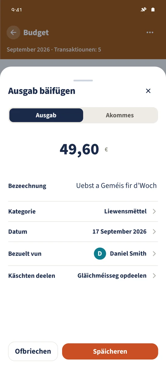 Transaktioun änneren weist déi bestoend Ausgab vun 49,60 € mat hirem Datum, Bezueler, Kategorie a Käschtenopdeelung.