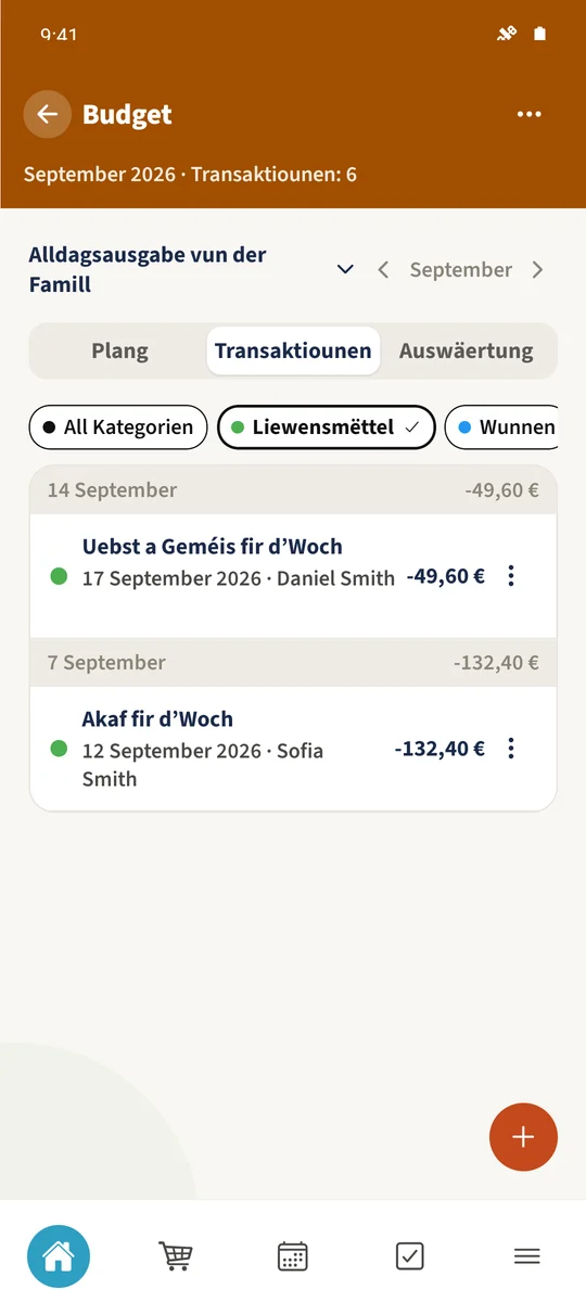 De Filter Liewensmëttel weist Wëchentleche Liewensmëttelakaf an Uebst a Geméis fir d’Woch, zesummen 182 €.