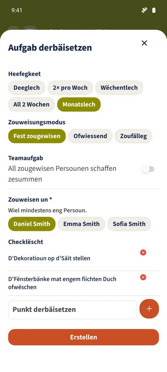 De Formulaire wielt Daniel fir eng fest Zouweisung an enthält eng Checklëscht mat zwee Schrëtt.