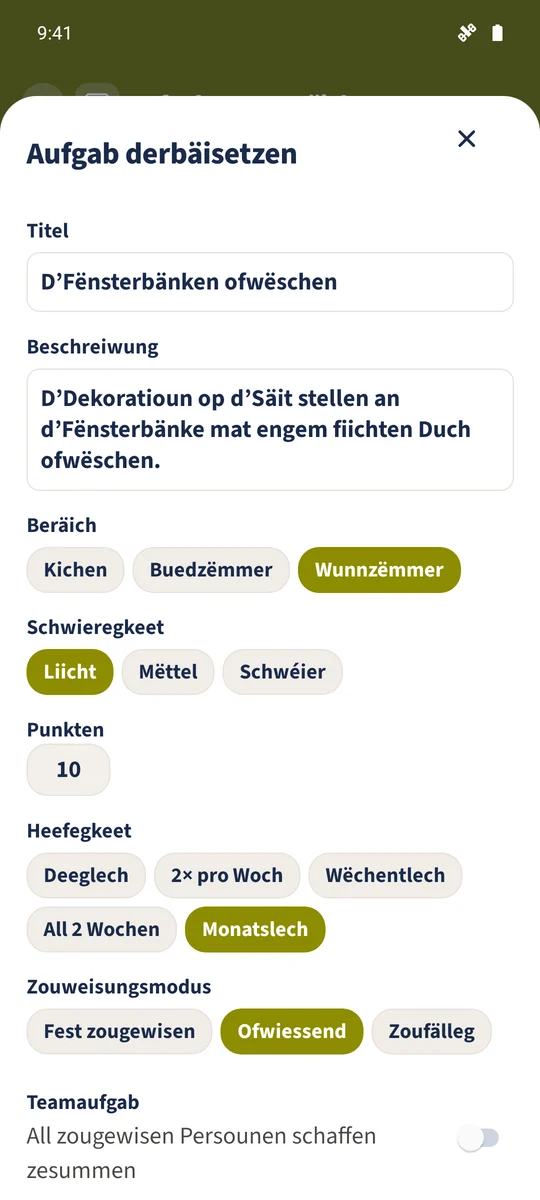 Am Aufgabeformulaire ass Monatslech ausgewielt. Seng zougewisen Persoun gëtt duerno gewielt.
