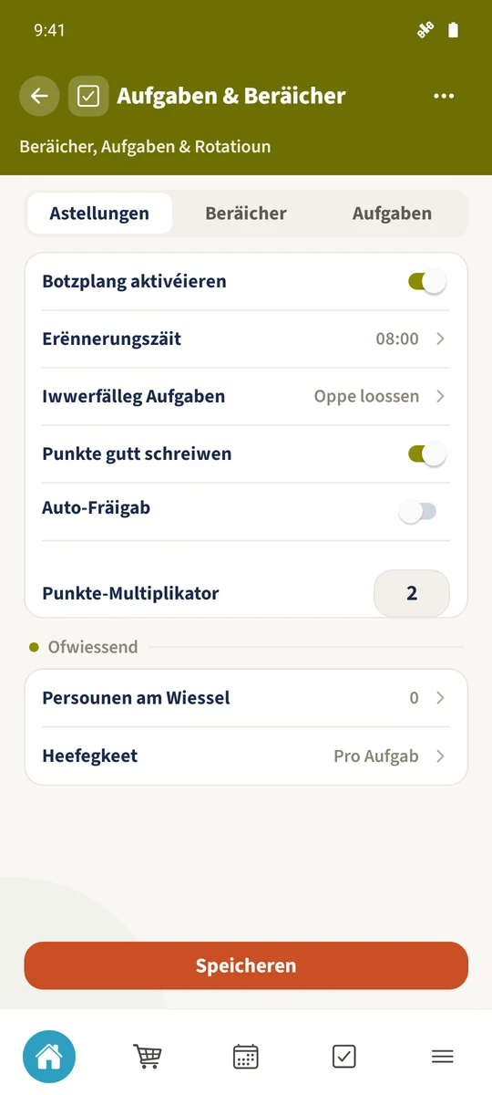 D’Punkteverknëppung ass aktivéiert, Auto-Fräigab ass ausgeschalt a Punkte-Multiplikator ass zwee.