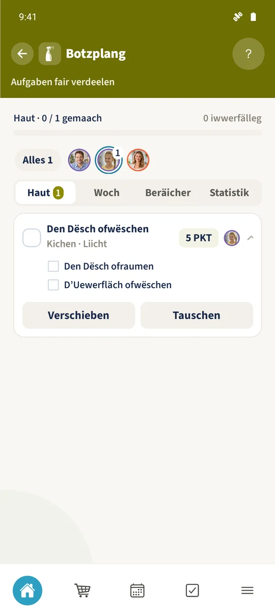 Virun der Erleedegung gehéiert déi deeglech Dëschzouweisung Emma a weist fënnef Aufgabepunkten.