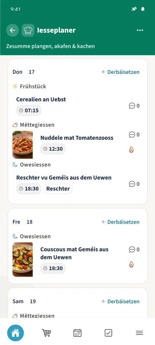 De Familljeniessplang weist Cerealien an Uebst, Nuddele mat Tomatenzooss a Reschter vu geréischtertem Geméis, déi als Reschter markéiert sinn, gefollegt vum Owesiessen vum nächsten Dag.