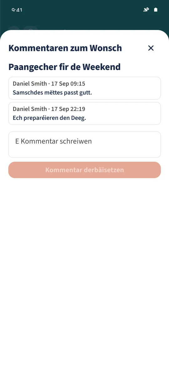 Dem Daniel säi Kommentar «Ech bereeden den Deeg vir.» erschéngt beim Wonsch Pancakes de Weekend.