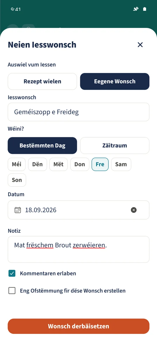 Den eegene Wonsch Geméiszopp e Freideg huet en Datum an erlaabt Kommentaren.