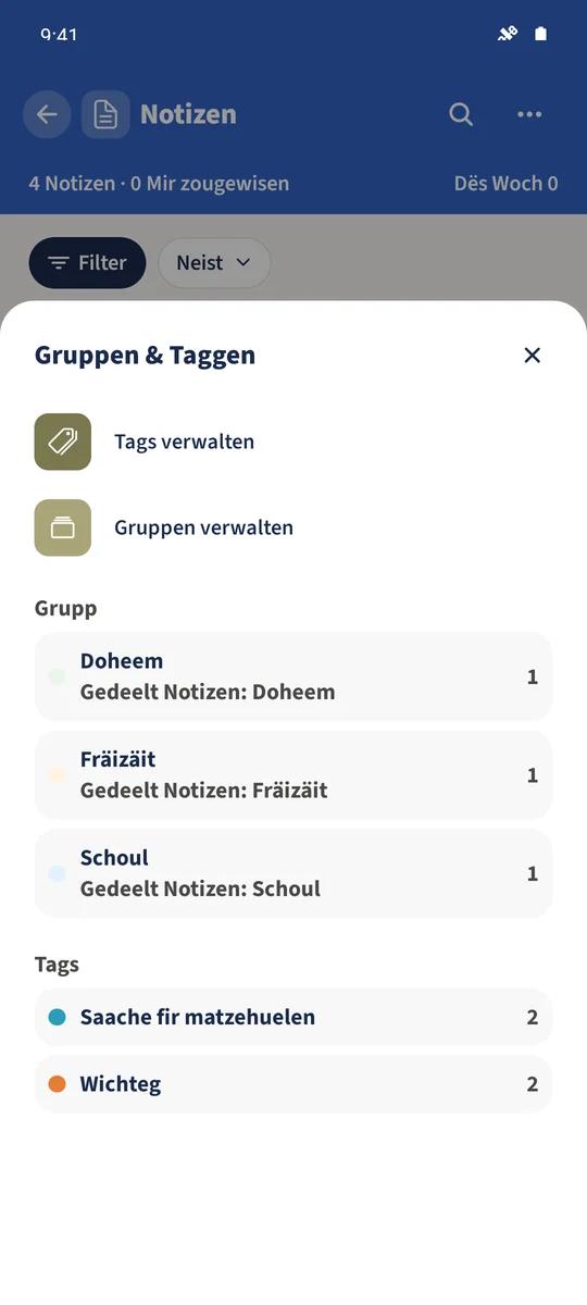 Gruppen & Taggen weist Schoul, Heem a Fräizäit mat de bestoenden Tags.