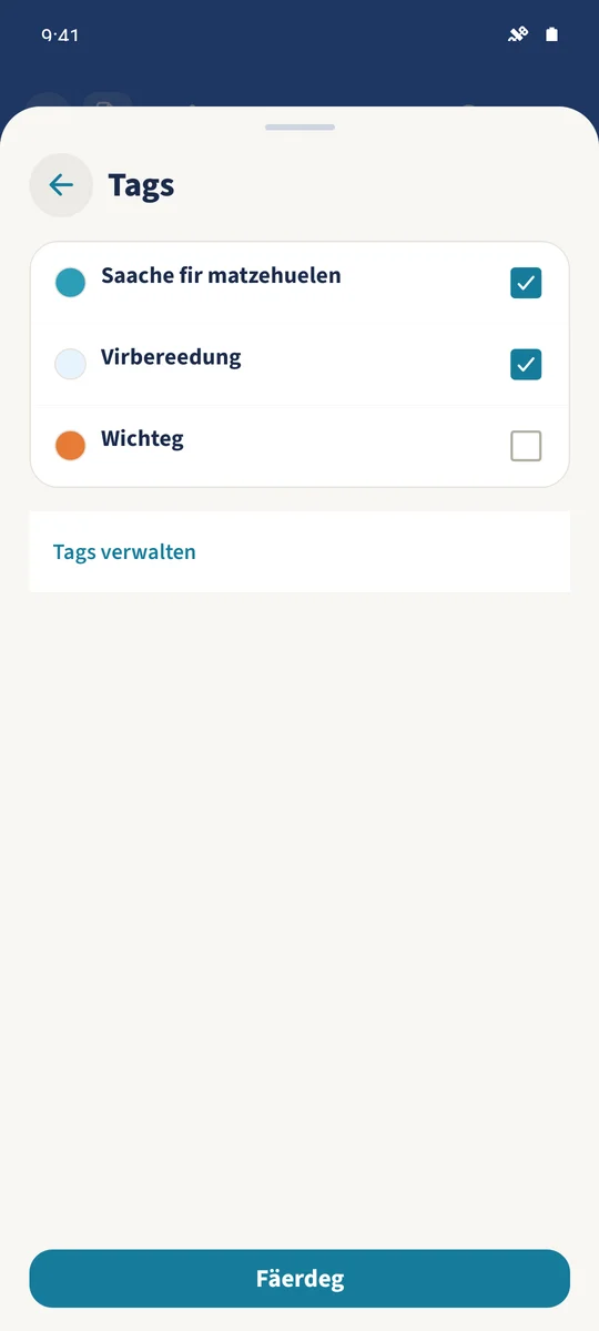 Am Notizediteur sinn Saache fir matzebréngen an den nei erstallten Tag Virbereedung ausgewielt.