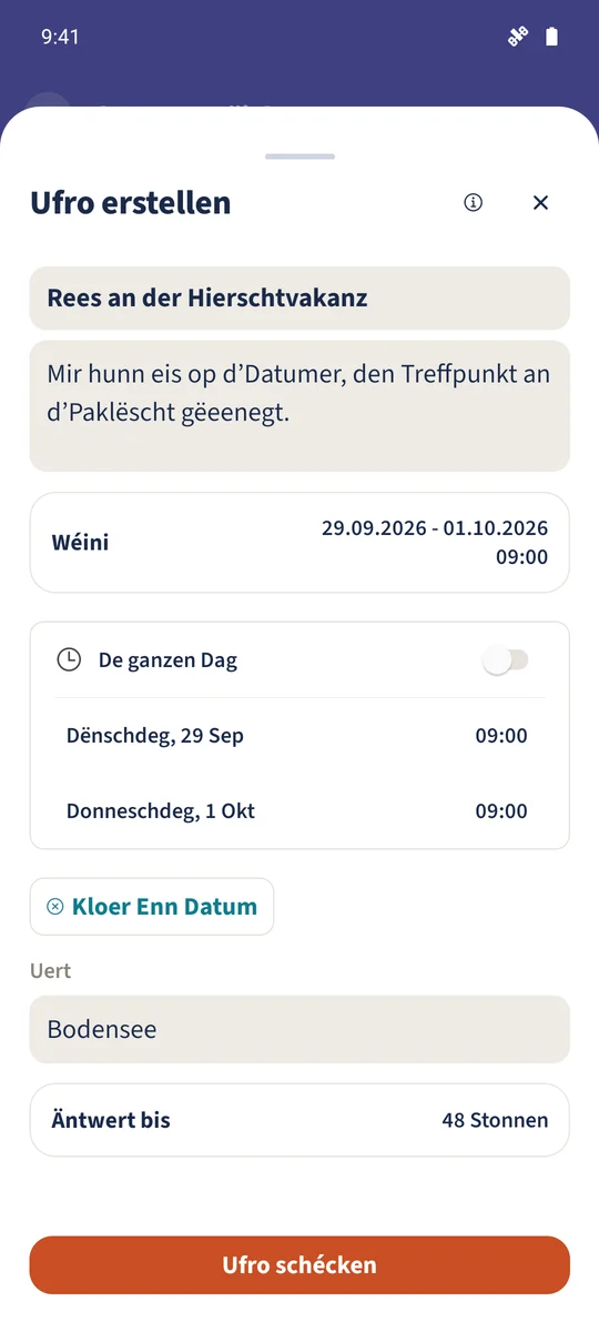 Eng net geschéckt Reesufro enthält d’Reesdetailer fir Emma a Leo.