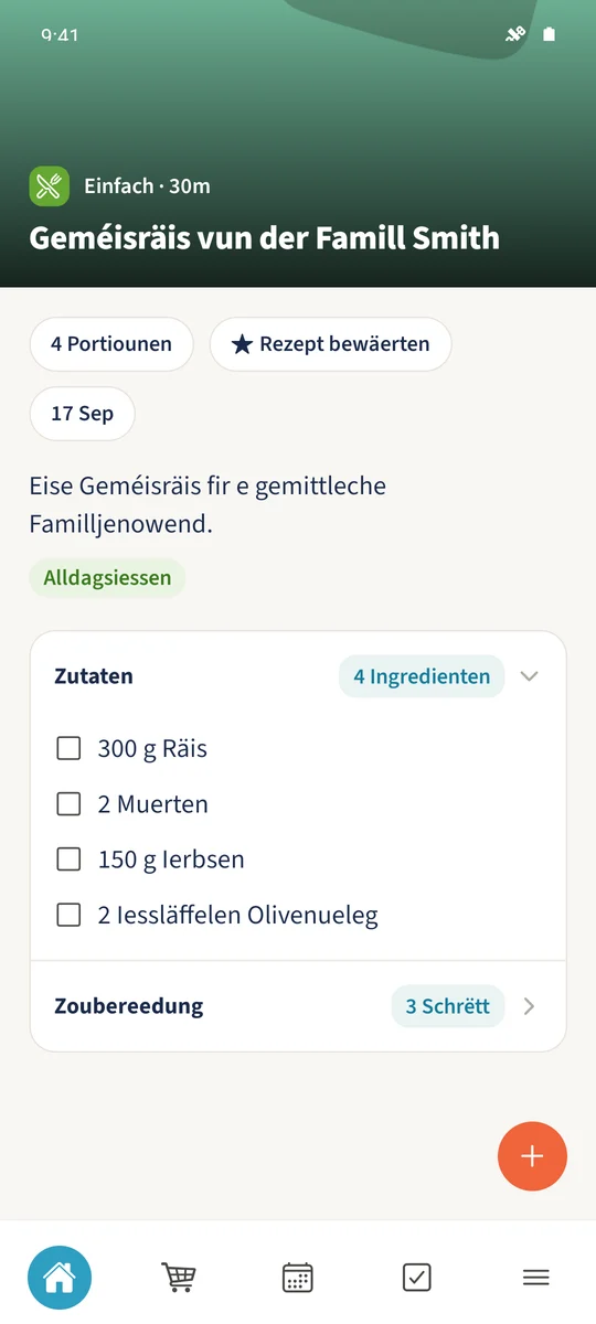 Dat gespäichert Geméisräis-Rezept vun der Famill Smith weist Räis, Muerten, Ierbsen an Olivenueleg ënner Zutaten.
