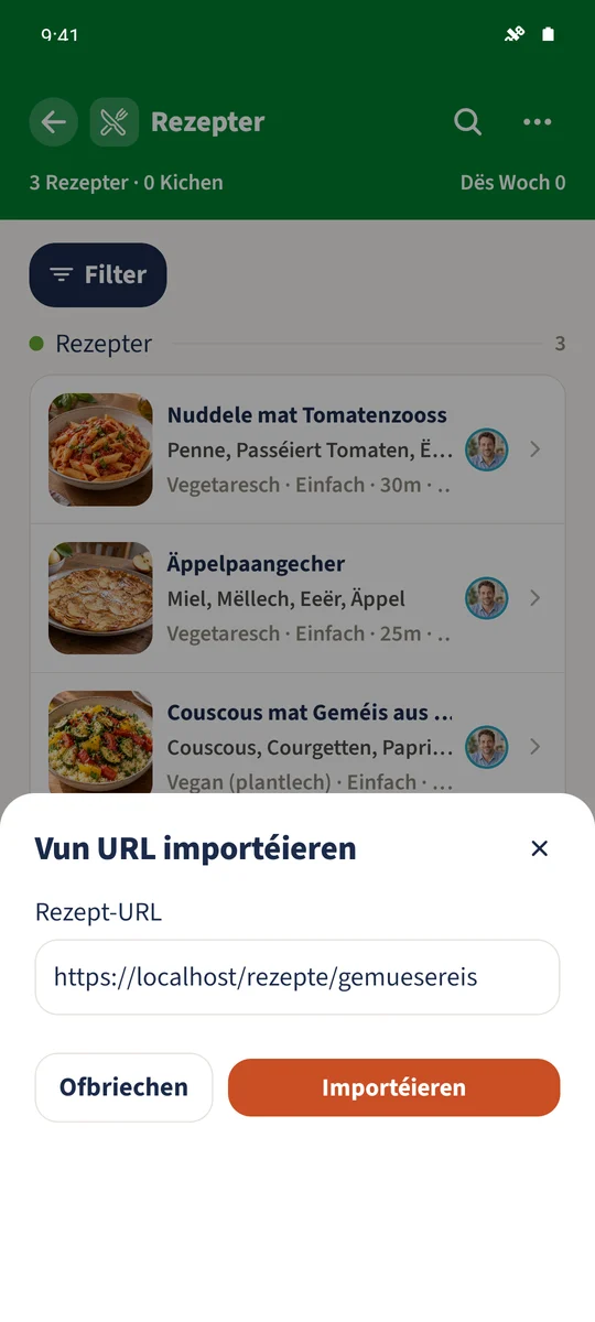 Rezept-URL enthält d’Adress vum lokal gehostente Geméisräis-Beispill vun der Famill Smith.