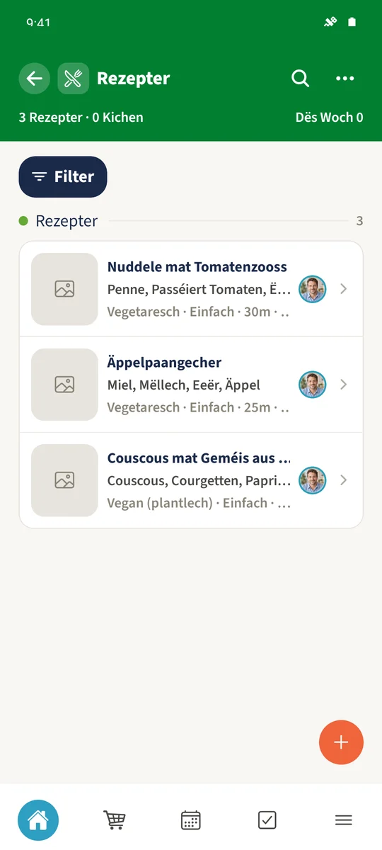 D’Sammlung vun der Famill Smith weist Nuddele mat Tomatenzooss, Couscous mat geréischtertem Geméis an Äppelpancakes mat Rezeptdetailer an Ernärungsbezeechnungen.