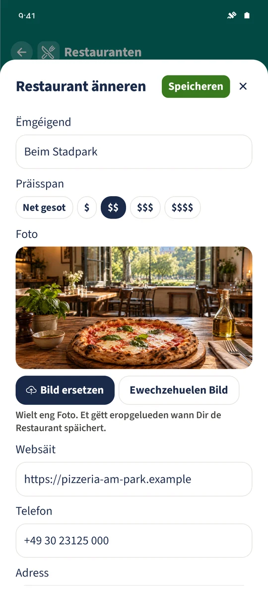 Den Editeur vu Parkside Pizzeria enthält Beim Stadpark an e Präisberäich vun zwee Symboler.