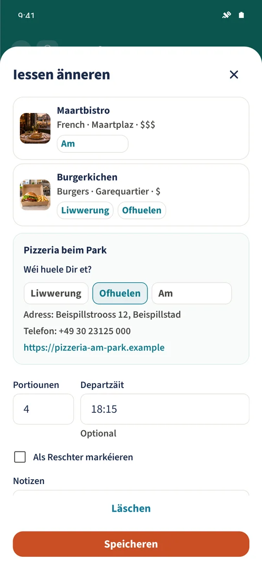 Den erëm opgemaachten Iessformulaire weist Parkside Pizzeria, Ofhuelen, véier Portiounen an eng gespäichert Departzäit vun 18:15.