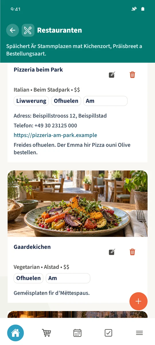 Déi gemeinsam Lëscht weist déi fiktiv Parkside Pizzeria a Garden Kitchen mat Kichen, Plaz, Präisberäich a Serviceoptiounen.