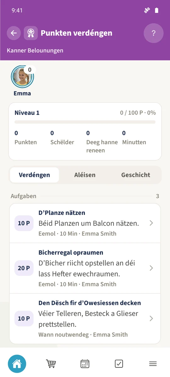 Dem Emma seng Kannersiicht weist hir zougewisen Belounungsaufgaben, dorënner déi verknëppt Botzaufgab, mat hiren ofgemaachte Punkten.