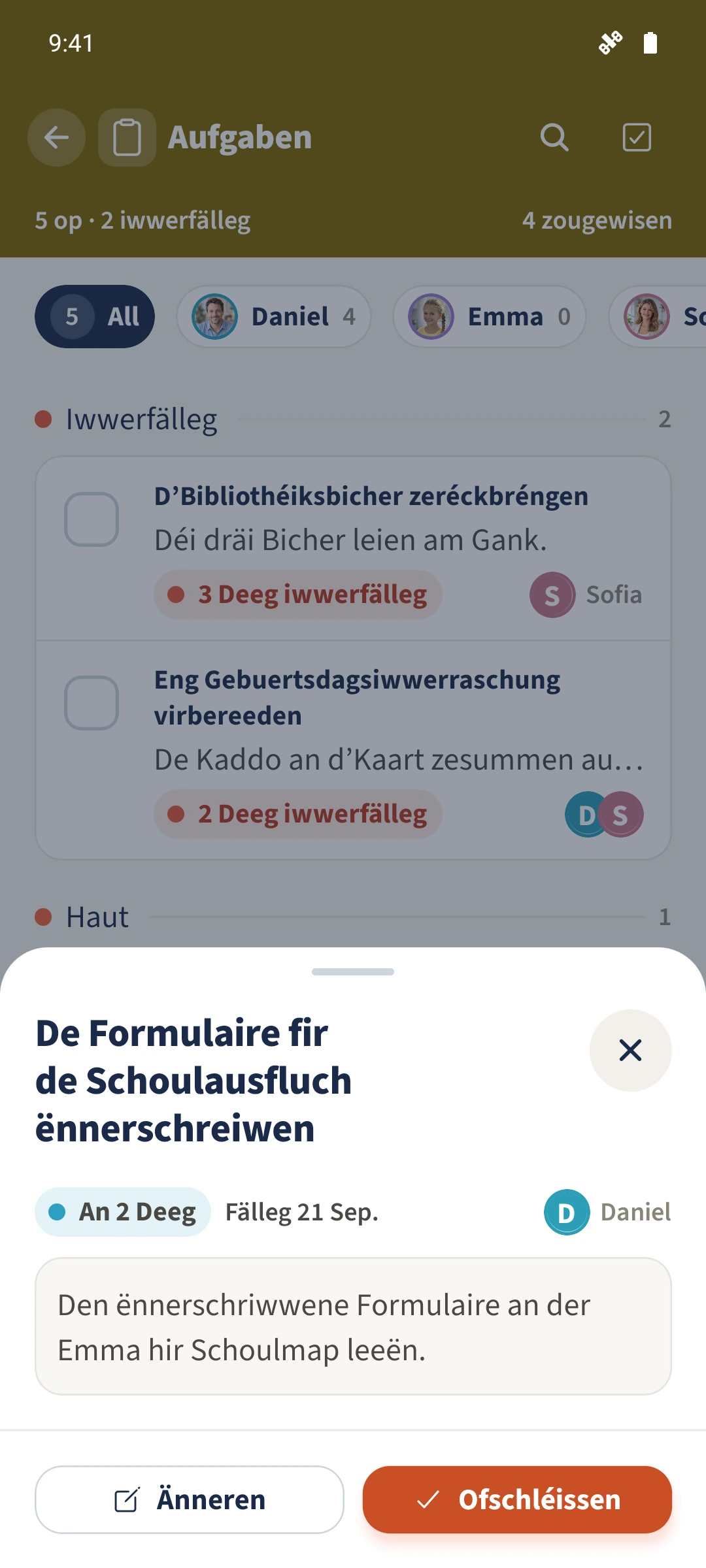 D’Detailer vum Schoulreesformulaire weisen Daniel als zougewisen Persoun an den aktuelle Fällegkeetsdatum, den 21. September 2026.