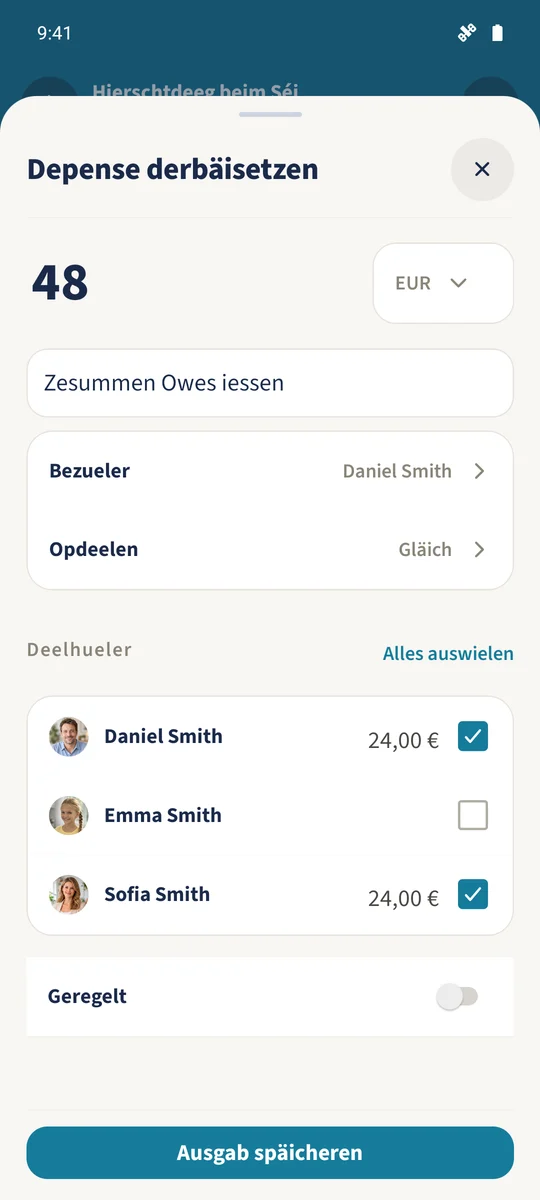 D’Owesiessen zu 48 EUR gëtt ufanks gläich tëscht Daniel a Sofia opgedeelt.