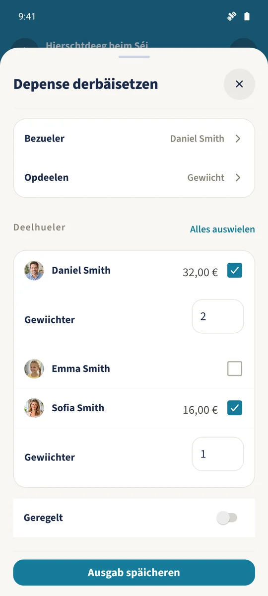 Gewiichter vun 2 an 1 deelen d’Owesiessen an 32 EUR fir Daniel an 16 EUR fir Sofia op.