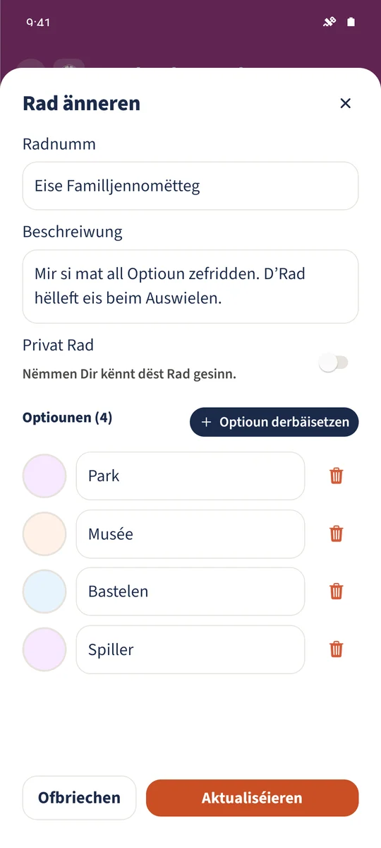 De Formulaire enthält véier Aktivitéiten an individuell Faarwen, mat Privat Rad ausgeschalt.