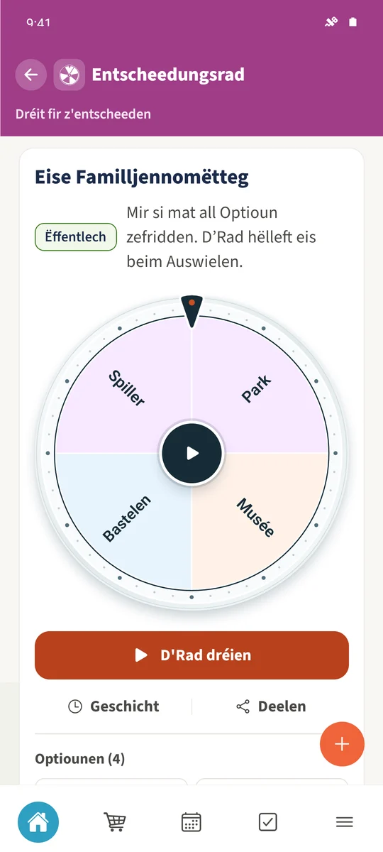 Dat gespäichert Familljerad huet véier Optiounen an ass prett fir ze dréinen.