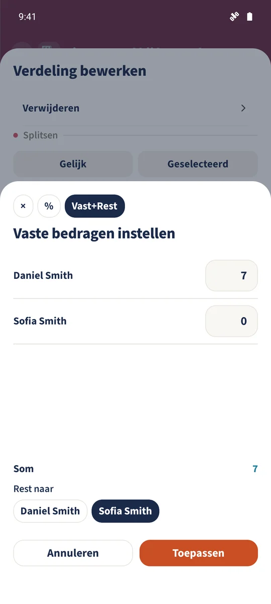 Vast+Rest wijst €7 van de kosten van het item toe aan Daniel en de resterende kosten aan Sofia.