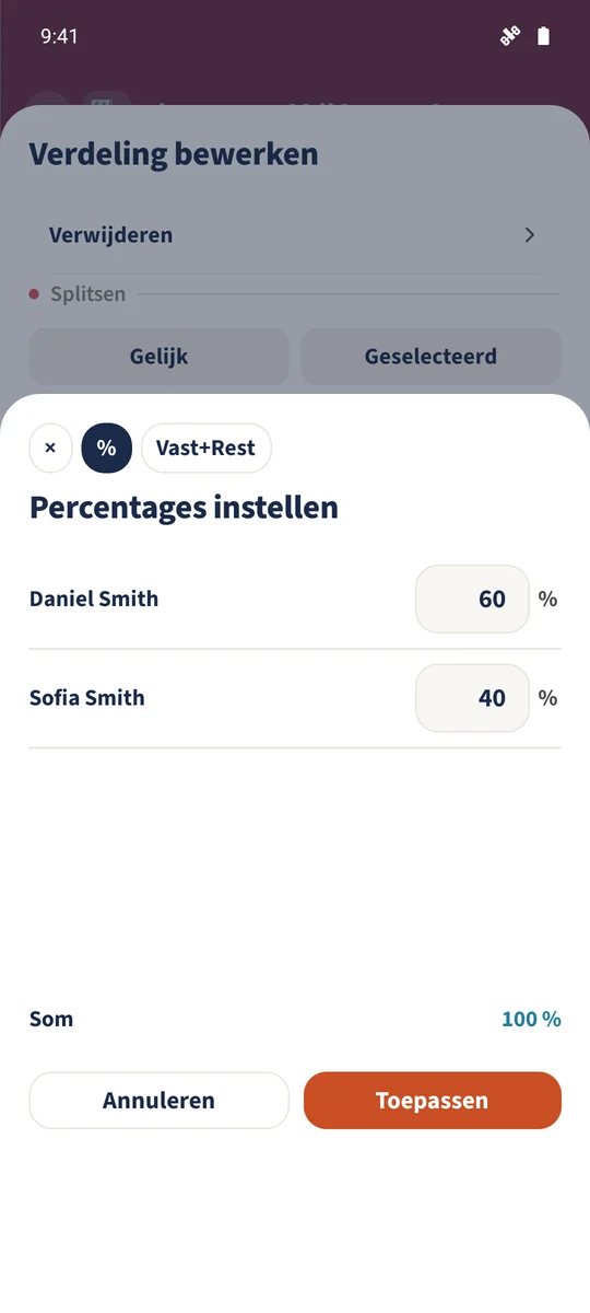 De alternatieve procentuele verdeling gebruikt 60 en 40, samen 100%.