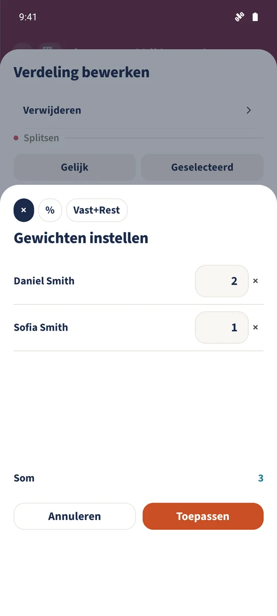 Gewichten van 2 voor Daniel en 1 voor Sofia maken drie relatieve delen.