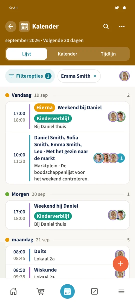 De chip Emma geeft aan welke lijst gefilterd is; ook haar gedeelde afspraken staan er nog in.