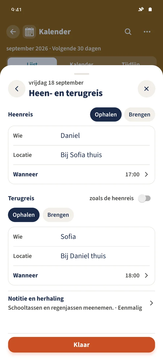 Daniel haalt de kinderen op bij Sofia thuis; Sofia verzorgt de terugreis.