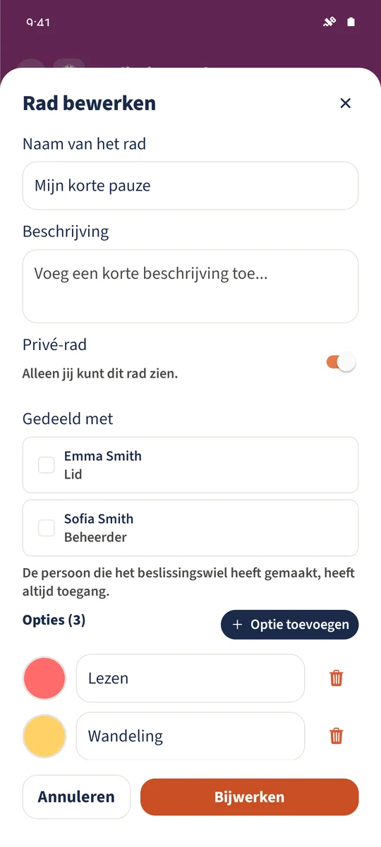 Het privérad heeft geen extra geselecteerde leden; de maker behoudt toegang.
