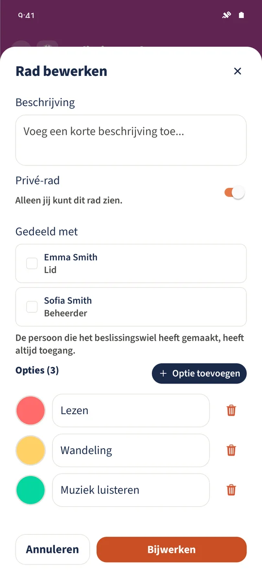 De editor toont de drie opties van het rad.