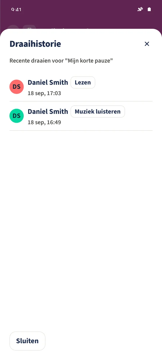 Geschiedenis van hetzelfde rad bevat het nieuwe resultaat met Daniel en het tijdstip.