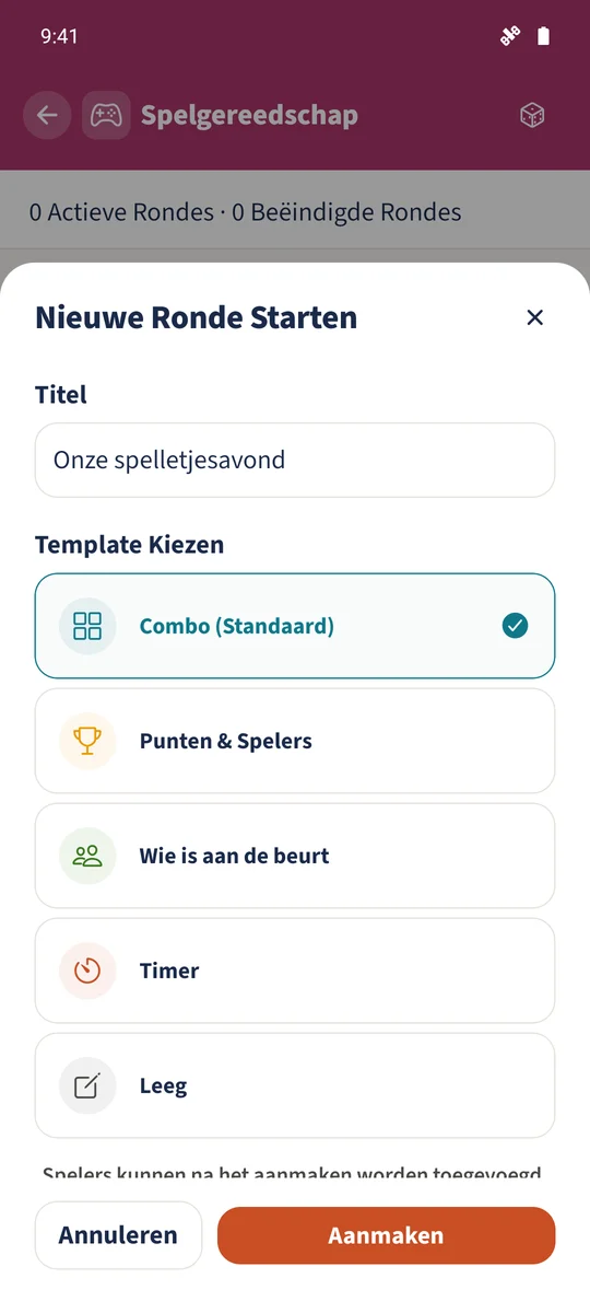 Het formulier voor een nieuwe sessie heeft een titel en Combo (Standaard) geselecteerd.