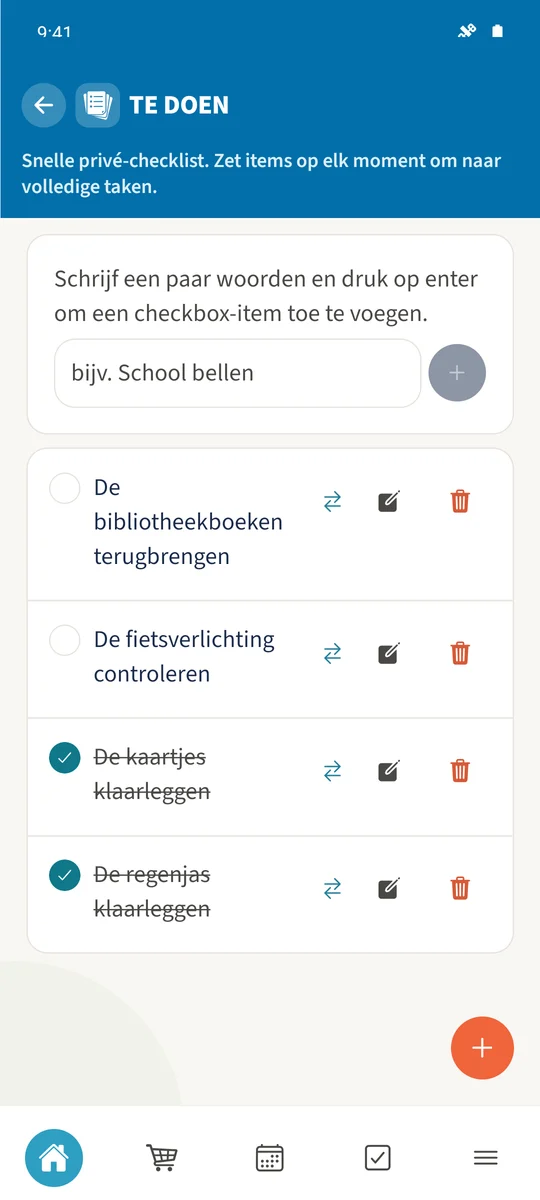 Reservetrui inpakken is toegevoegd en afgevinkt en blijft samen met eerdere items zichtbaar.