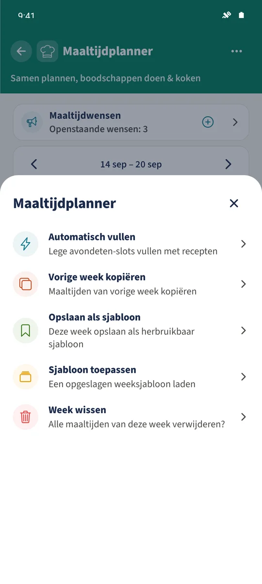 Acties biedt Opslaan als sjabloon, Sjabloon toepassen, Vorige week kopiëren en Automatisch vullen.
