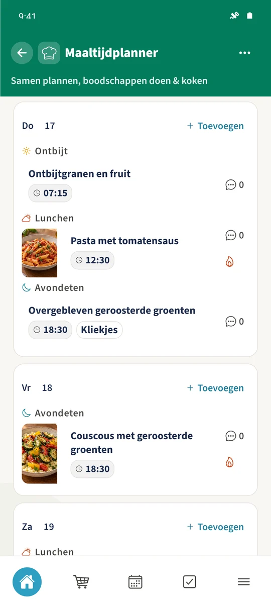 Het gezinsmaaltijdplan toont Ontbijtgranen en fruit, Pasta met tomatensaus en Restjes geroosterde groenten met het label Kliekjes, gevolgd door het avondeten van de volgende dag.